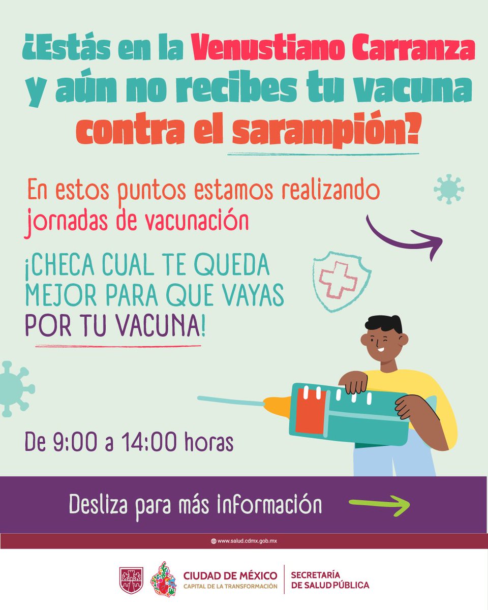 ¿Enserio aún no te vacunas? 😒

El sarampión es una enfermedad altamente contagiosa, que puede llegar a ti en cualquier momento, evita contagiarte.  🙅🏻‍♂️

Por ello, el <a href="/GobCDMX/">Gobierno de la Ciudad de México</a> , pone a tu disposición, distintos puntos de vacunación. Vacúnate y protégete. 💉

#SomosComunidadVCA