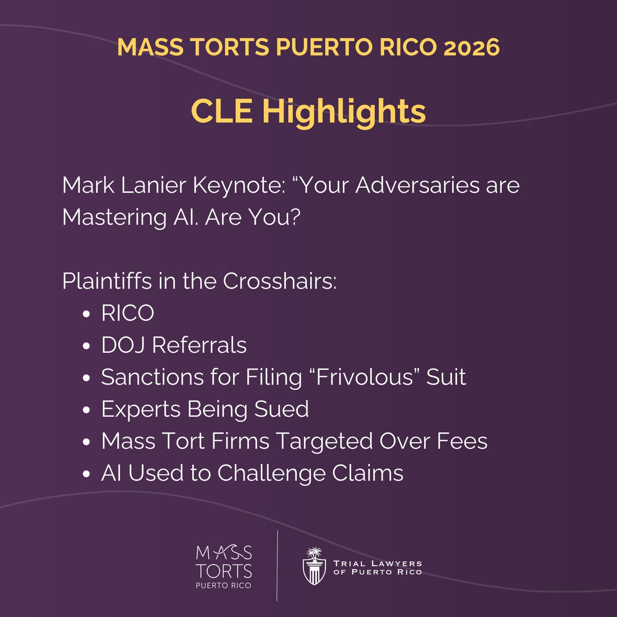 MassTortsPR's tweet photo. Get ready for CLE sessions! Here’s a preview of some of the content that will be presented at MTPR 2026. Learn more about the latest in Mass Torts while enjoying your spot in paradise.

Reserve your ticket today!
https://t.co/WR80iuVknX

#mtpr #tlpr #masstort #PuertoRico https://t.co/CYK9HrGhRh