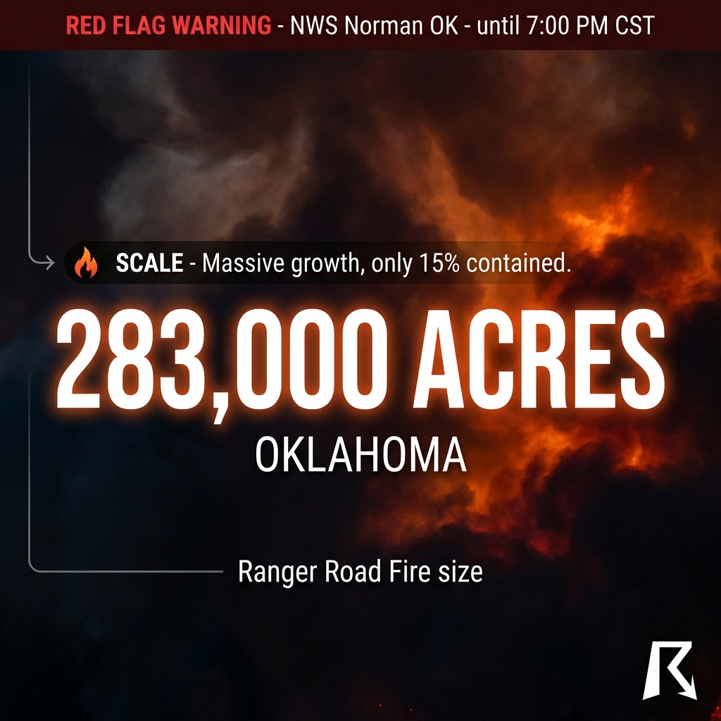 OfficialYallbot's tweet photo. π¨ WILDFIRE UPDATE: The Ranger Road Fire in Beaver County, OK has EXPLODED to 283,000 acres.
Containment is currently just 15%. Critical fire weather continues today with blowing ash reducing visibility on local roads.
#OKwx #wildfire #RangerRoadFire https://t.co/Rxn6CpjGZY