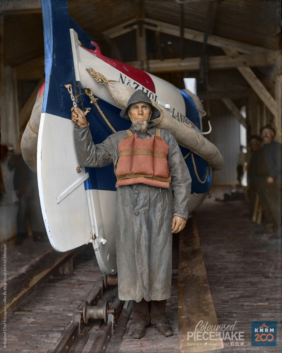 Dutch Skipper Jan Bijl, wearing his oil suit and sou’wester hat, posing in front of his self-righting KNZHRM lifeboat. Photograph taken in 1915 in Den Helder, Netherlands... 

Jan Bijl is considered one of the bravest 'Blauwe Zeeridders (Blue Sea Knights)' ever. As a member of