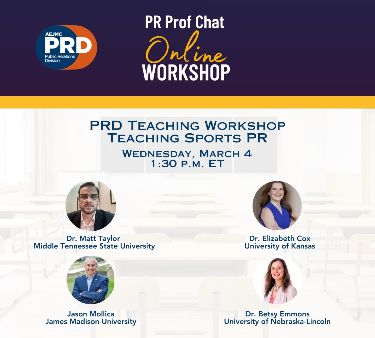 SportsAEJMC's tweet photo. Teach Sports PR or have an interest in it? Join the upcoming online workshop, hosted by 
@AEJMC_PRD! Register here: https://t.co/H9z6qXLpq3 https://t.co/u5RnmawuOA