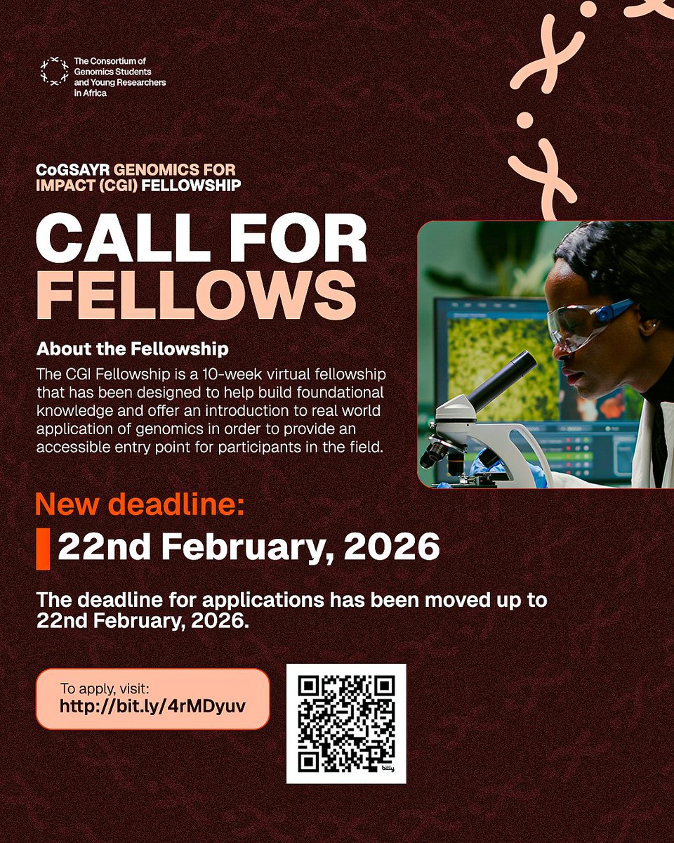 cogsayr_africa's tweet photo. NEW DEADLINE❗⏳

Due to the number of applications received for the CGI Fellowship, the submission deadline has been brought forward. 

We encourage all applicants to submit their application on or before the new deadline.

🔗Apply here: https://t.co/8izwcwNVRQ https://t.co/sGGJRbSVxV
