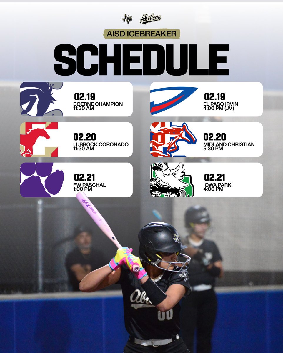 Eagle_Softball1's tweet photo. Game Day
📅 Thursday February 19
🆚 Boerne Champion (V) | El Paso Irvin (JV)
📍Abilene High 
⏰ 11:30 AM (V) | 4:00 PM (JV)
🎟️ Online or Card on site- NO CASH
https://t.co/Z7i1d0z8Yb https://t.co/qVJdsMDw1r
