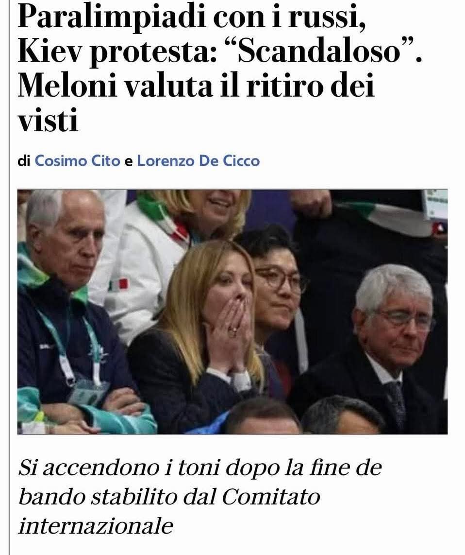 NON IN MIO NOME.😡
(<a href="/GiorgiaMeloni/">Giorgia Meloni</a>, "se farai una  porcata del genere
(il ritiro dei visti per gli accompagnatori) perderai  2/3 dell'elettorato")

#paralimpiadi #MilanoCortinaOlympics2026 #milanocortina2026 #Italia
#GiorgiaMeloni #Russia

La russofobia è diventata come il rosso