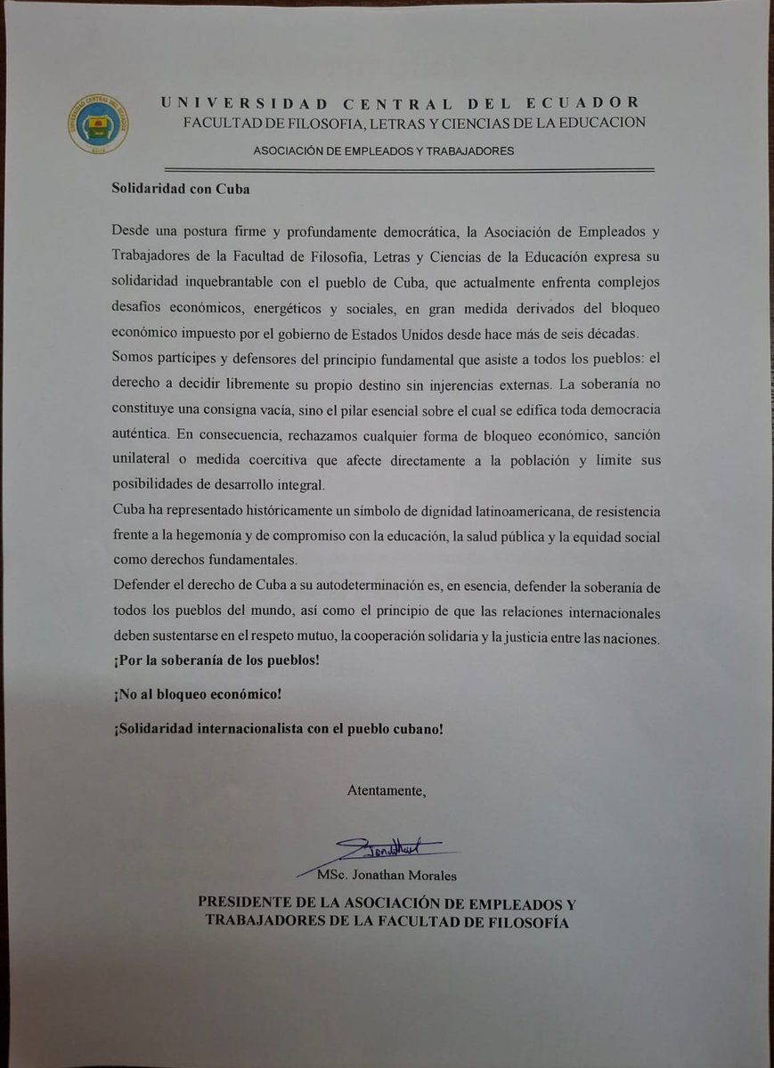 Embacuba_Ecu's tweet photo. Pronunciamiento de la Asociación de Empleados y Trabajadores de la Facultad de Filosofía de la UCE https://t.co/Lcw3R9RTFP https://t.co/3Qmi3ymsF9