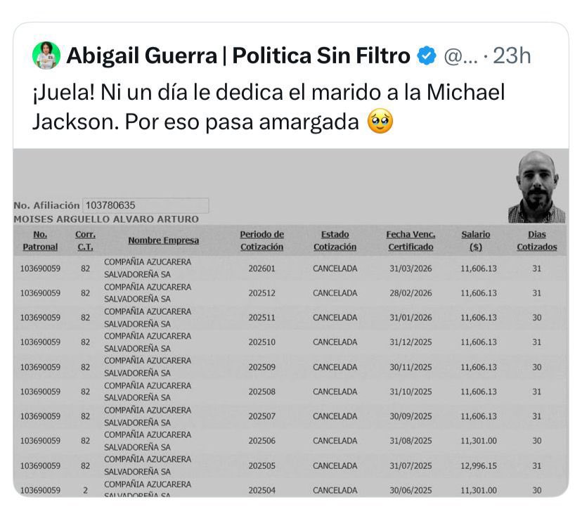 Situación a la q estamos expuestos, hoy cualquier persona al parecer p denigrar, ofender o simplemente destapar información puede tener acceso a nuestros datos. ¿Es esta información del ISSS? O ¿es una AFP? ¿Cómo llega a manos d una extranjera con tan facilidad? <a href="/AbigailGuerraSV/">Abigail Guerra | Politica Sin Filtro</a>