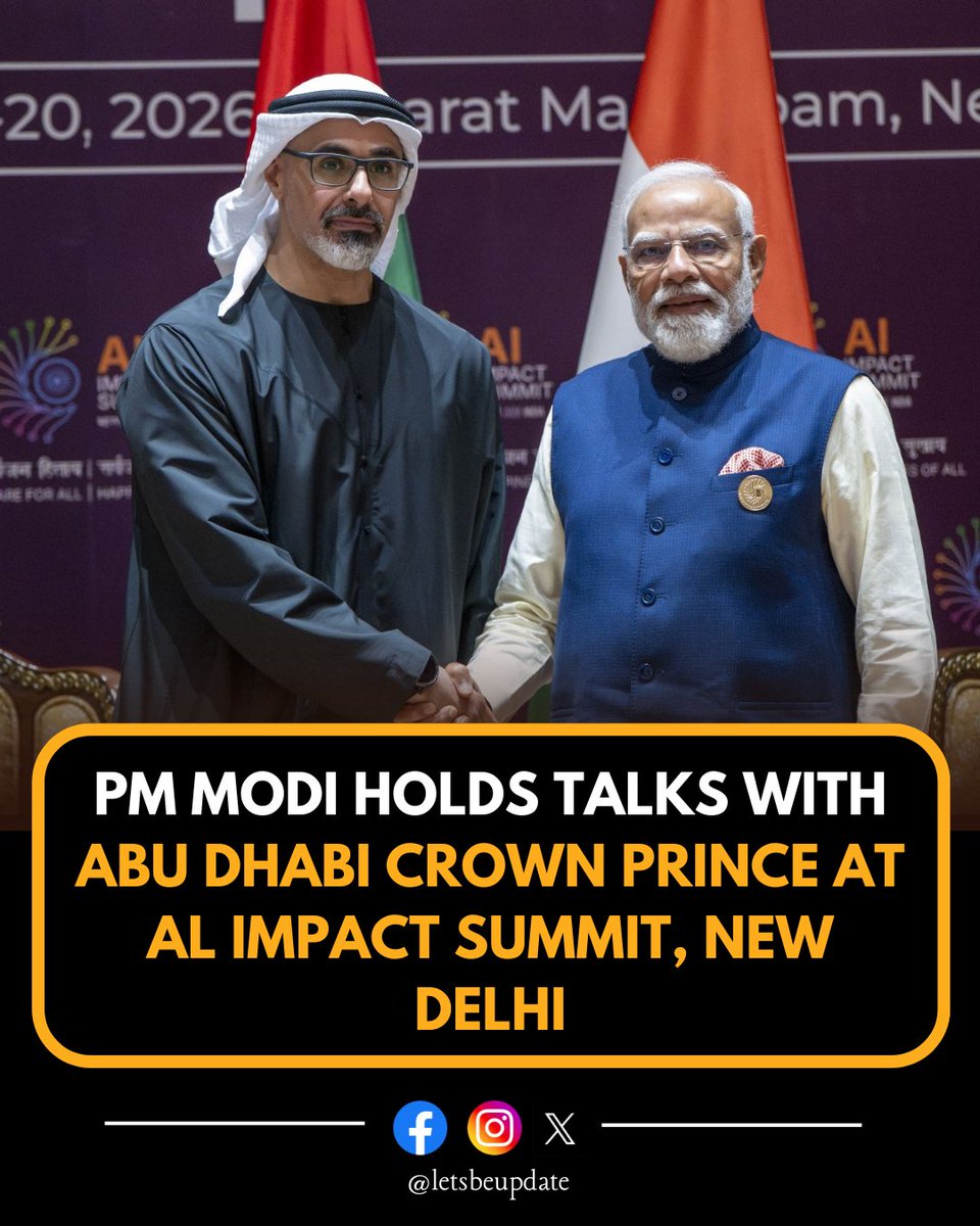 LetsBeUpdate's tweet photo. New Delhi, India — PM Narendra Modi holds talks with the Crown Prince of Abu Dhabi
Prime Minister Narendra Modi held a significant bilateral meeting with Sheikh Khaled bin Mohamed bin Zayed Al Nahyan, the Crown Prince of Abu Dhabi, 
#PMModi
#AIImpactSummit
#IndiaUAE https://t.co/hceiBEdZUF