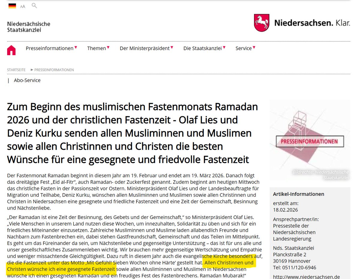 Gerade wird wieder diskutiert, dass viele offizielle Stimmen in Deutschland zwar den Muslimen zum Ramadan gratulieren, aber nicht den Christen zum Beginn der Fastenzeit.
Einige Verteidiger dieser Praxis - nicht selten aus dem Unions-Umfeld - argumentieren, solche Wünsche zum