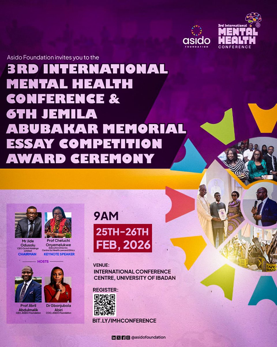 oziomatics's tweet photo. 𝗢𝗻𝗲 𝗘𝘃𝗲𝗻𝘁. 𝗧𝘄𝗼 𝗘𝘅𝗽𝗲𝗿𝗶𝗲𝗻𝗰𝗲𝘀
 Join us for the 𝟯𝗿𝗱 𝗜𝗻𝘁𝗲𝗿𝗻𝗮𝘁𝗶𝗼𝗻𝗮𝗹 𝗠𝗲𝗻𝘁𝗮𝗹 𝗛𝗲𝗮𝗹𝘁𝗵 𝗖𝗼𝗻𝗳𝗲𝗿𝗲𝗻𝗰𝗲 alongside the 𝟲𝘁𝗵 𝗝𝗲𝗺𝗶𝗹𝗮 𝗔𝗯𝘂𝗯𝗮𝗸𝗮𝗿 𝗠𝗲𝗺𝗼𝗿𝗶𝗮𝗹 𝗘𝘀𝘀𝗮𝘆 𝗖𝗼𝗺𝗽𝗲𝘁𝗶𝘁𝗶𝗼𝗻 𝗔𝘄𝗮𝗿𝗱 𝗖𝗲𝗿𝗲𝗺𝗼𝗻𝘆 https://t.co/Se8Xw0rQw1