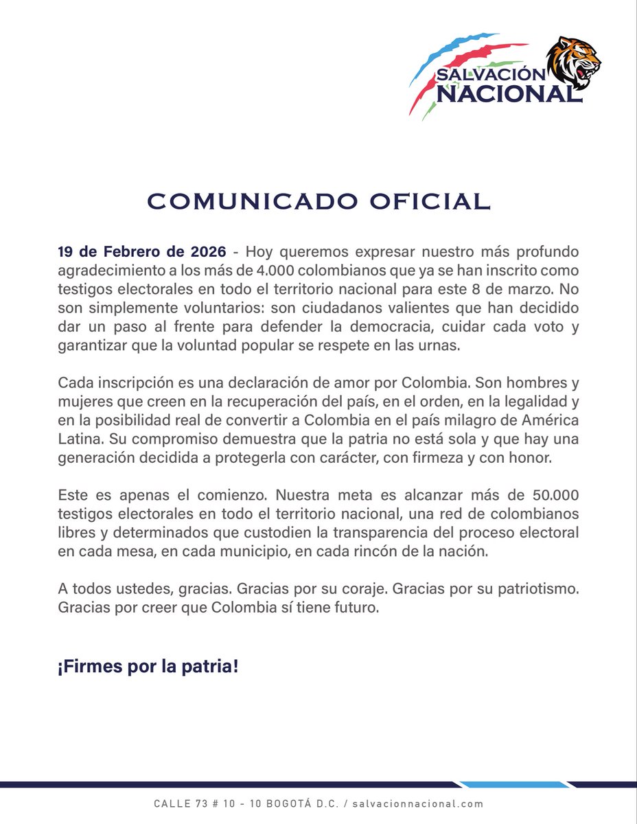 ¡Agradecemos a los primeros 4.000 testigos electorales que ya dieron un paso al frente! Son el alma de la defensa de nuestra democracia y el primer escudo contra el fraude este 8 de marzo. 

Pero no podemos detenernos aquí:
Inscríbete como testigo electoral de la #ListaDelTigre