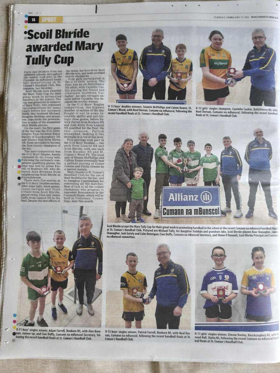 rosgaaschools's tweet photo. Go raibh maith agaibh go @cooney_ian agus @RoscommonHerald for their outstanding coverage of our @AllianzIreland county handball finals. @ConnachtCnamB @cnambnaisiunta #cnmb https://t.co/gwaqBpCIrd