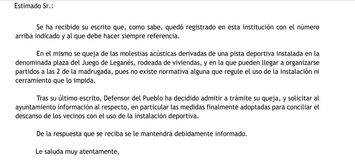 📣 El Defensor del Pueblo admite la queja de <a href="/JuntosLegaNorte/">JuntosXLegaNorte</a> e investigará la situación de la Plaza del Juego #LeganésNorteCastigado.

Solicitará a <a href="/AytoLeganes/">Ayuntamiento de Leganés</a> información sobre las medidas adoptadas para garantizar el descanso vecinal.

Tic tac...
<a href="/Almugonzalezv/">Almudena González</a> <a href="/marecuencopp/">Miguel Ángel Recuenco 🇪🇦</a>