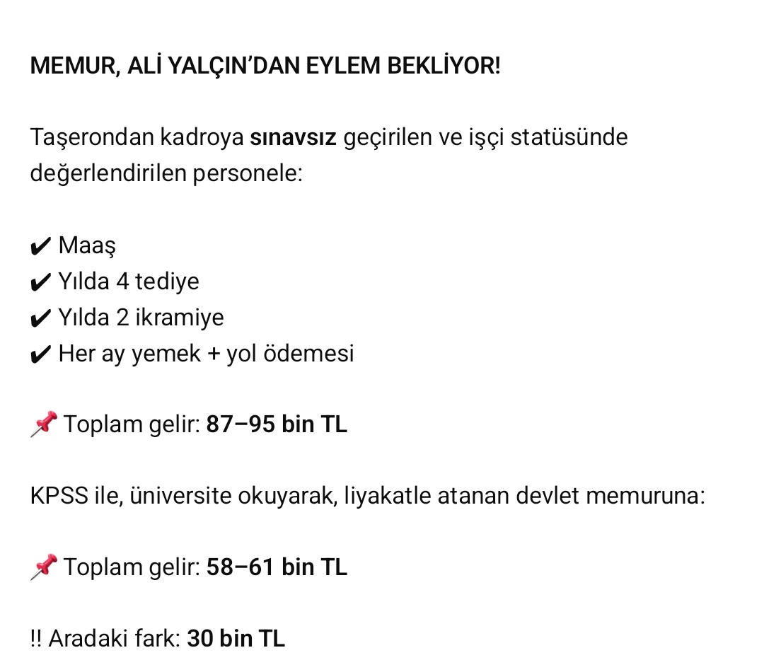 657HakPlatformu's tweet photo. Bu fark sadece rakam değildir.
Bu fark; eğitimle gelen emeğin, sınavla gelen liyakatin değersizleştirilmesidir.
Memur şunu soruyor:
KPSS ile atanan neden daha düşük gelir alıyor?
Gelir adaleti ne zaman sağlanacak?
Memur artık açıklama değil, somut adım ve eylem bekliyor.
#memur https://t.co/53Bd5pmwpL