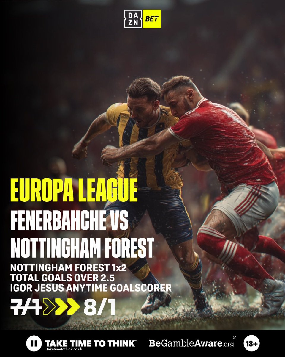 🇪🇺Europa League 

⚽️Fenerbahche 🆚 Nottingham Forest 
🗓️Today, 19 February.

📲Go to DAZN Bet and check the odds.

🔗shorturl.at/DStkk

#dazn #daznbet #uel #fenerbahçe #nottinghamforest