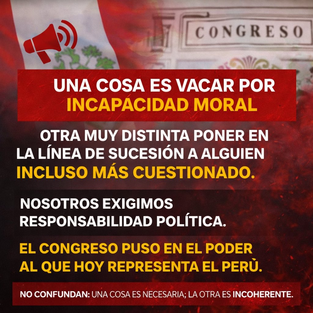 CampanitaCarra's tweet photo. ‼️INCAPACIDAD MORAL PARA VACAR… PERO NO PARA ELEGIR‼️
Explíquenle al país algo simple:
Si votaron la vacancia de Jeri por “incapacidad moral permanente”, por indicios, cuestionamientos y hechos que hacían inviable que siga en el cargo…
¿Cómo es que, apenas vacado, eligieron como presidente del Congreso y por sucesión del país a alguien con un historial igual o más cuestionado?
¿Dónde quedó la vara moral que usaron hace 24 horas?
❌La incapacidad moral no puede ser selectiva.  
No puede aplicarse según conveniencia política.  
No puede servir para tumbar a uno y blindar a otro.
❌Lo más grave: ¿cómo los mismos congresistas que levantaron la mano para vacar, luego levantan la mano para elegir a alguien con ese rosario de denuncias?
Porque si la moral fue el argumento para destituir, entonces también debería ser el mínimo requisito para ocupar el cargo más alto y digno de la Nación y aquí estamos poniendo de presidente a una persona que incluso ha sido cuestionada por sus posturas frente al matrimonio infantil.
Eso no es coherencia.  
Eso es cálculo.
Si la moral fue argumento para destituir, también debe serlo para elegir. De lo contrario, lo que hicieron no fue un acto ético, sólo les importó sus ansias de poder.