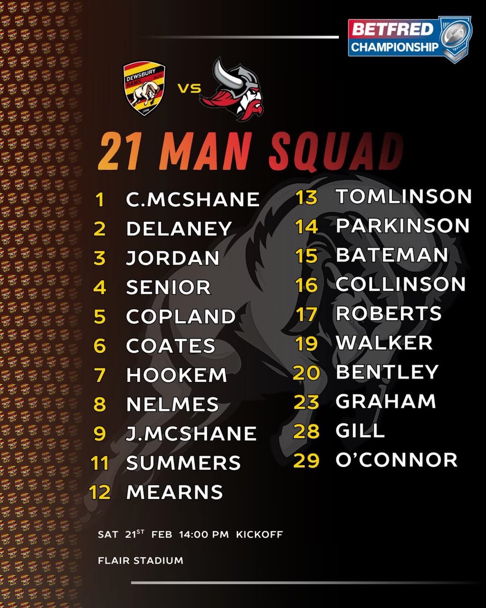 DewsburyRams's tweet photo. Paul March has named his 21 man squad for this Saturday 🐏🏉

TICKETS ON SALE !!!

🎟️: https://t.co/niJIaTFdpR

📆 SAT 21st FEB
⏰ 14:00pm KO
📍FLAIR STADIUM

#RamsFam #UTR https://t.co/6hHKneE97n