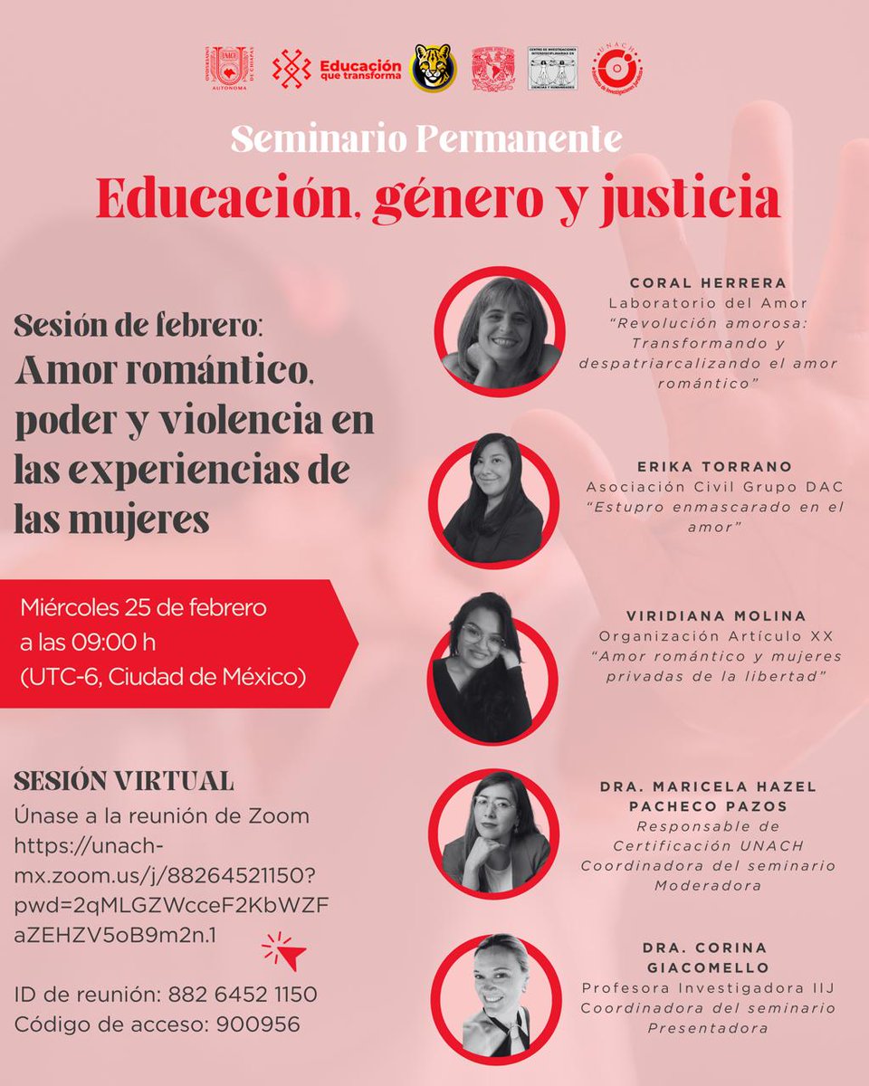 #PasaLaVoz | La próxima semana analizaremos al amor romántico como construcción social y cultural, así como sus vínculos con relaciones de poder, violencia y desigualdad, en el Seminario permanente Educación, Género y Justicia.

📅Feb 25
⏰10:00 hrs.
Id: 882 6452 1150
Pw: 900956