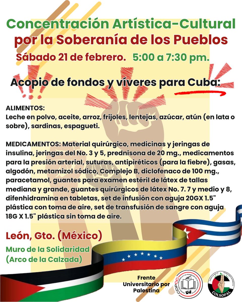 contactocdpcc's tweet photo. Te invitamos a sumar esfuerzos por la Soberanía de los Pueblos este sábado 21 de febrero en una concentración artística y cultural, en la cual estaremos colectando fondos y víveres para Cuba.

Lo recaudado será entregado al Movimiento Mexicano de Solidaridad con Cuba. https://t.co/iU2IF5gSXC