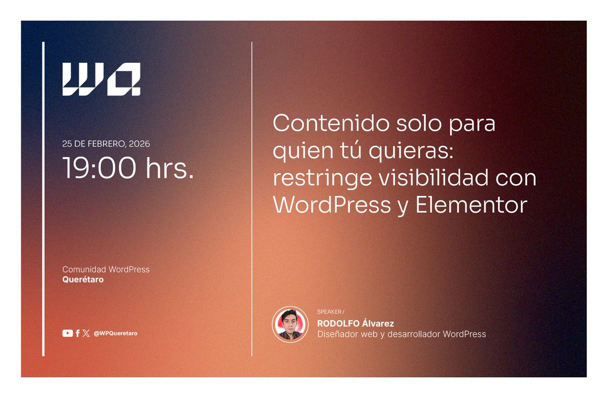¿Sabías que puedes crear áreas privadas en WordPress sin romperte la cabeza?

🛠️ Aprende a restringir contenido por roles de usuario usando Elementor.

📅 Feb 25 | 7:00 PM (Online)

Regístrate aquí: meetup.com/es-es/wordpres…

#WordPress #WebDev