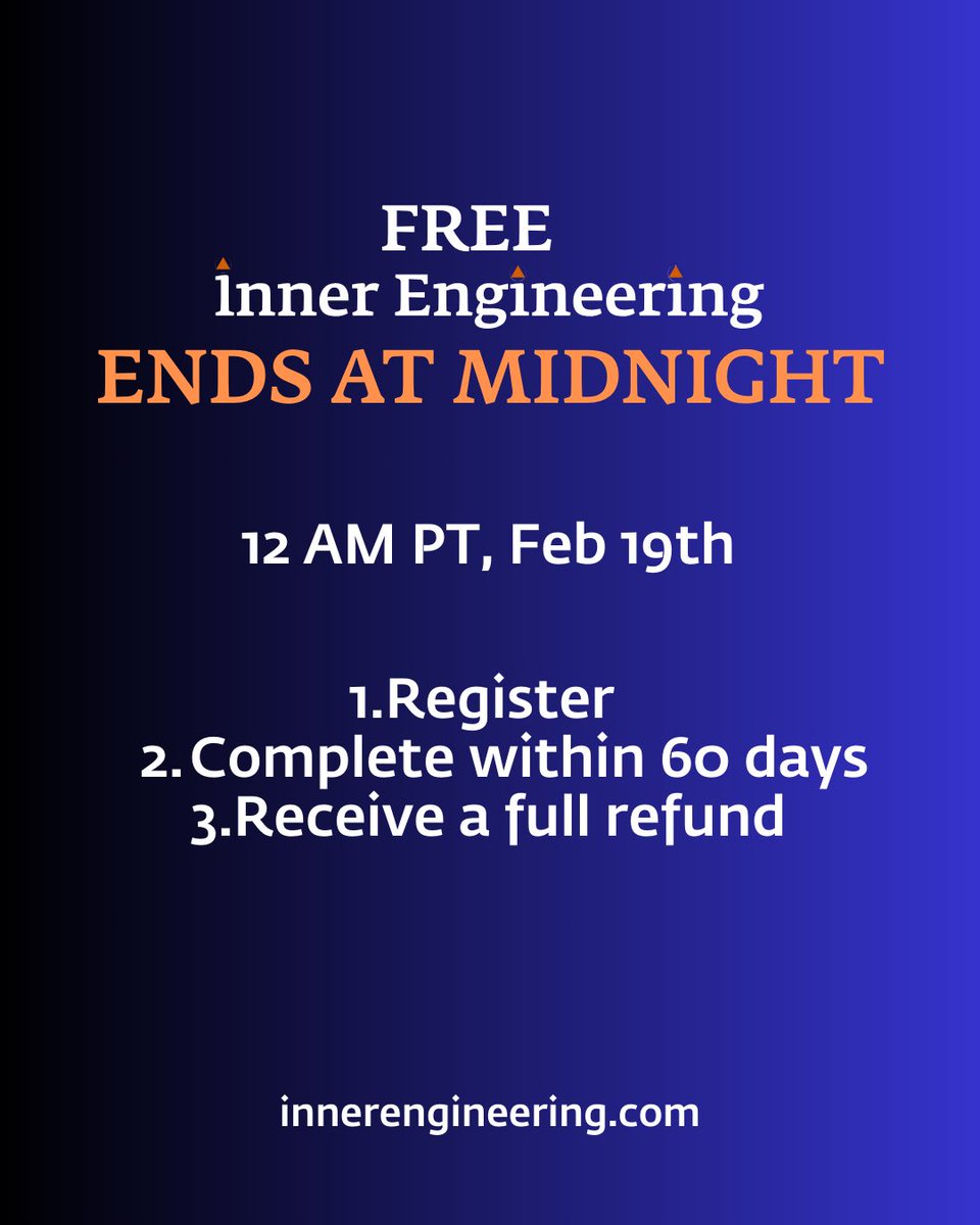IshaUSA's tweet photo. If you would like to share this with anyone, please reach out to them. 

Late registrations will be accommodated until midnight tonight.

If you complete Inner Engineering, including Shambhavi Mahamudra Kriya, within 60 days, then the program is free for you https://t.co/wvlK4cG7BM