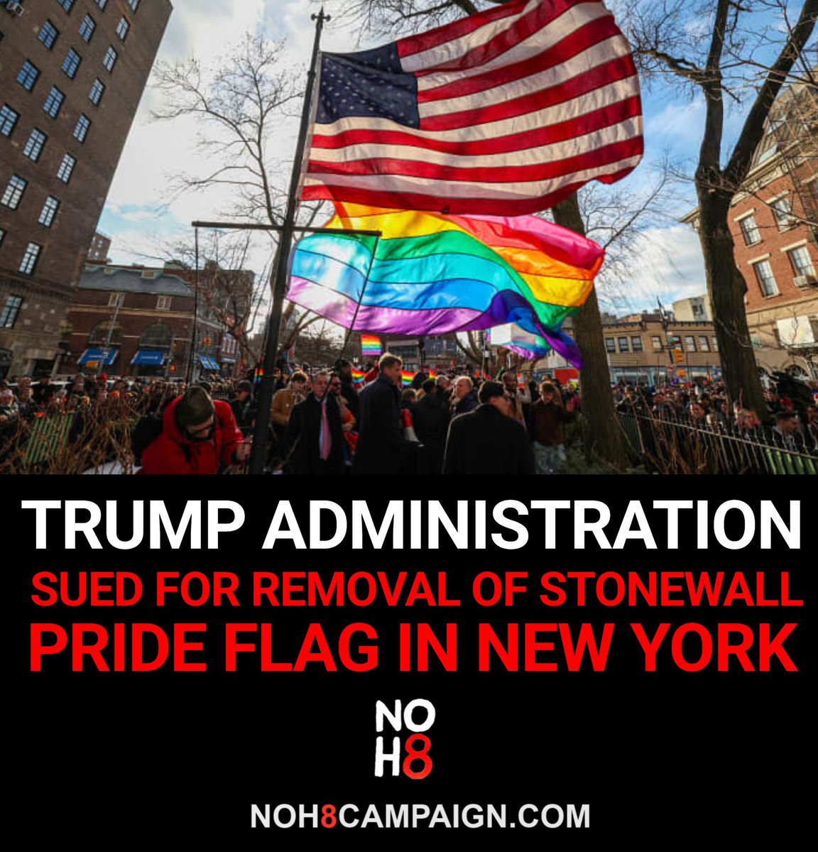 NOH8Campaign's tweet photo. A group of nonprofits have filed a lawsuit in federal court over the Trump administration’s removal of the Pride flag from the Stonewall National Monument #NOH8 https://t.co/ruatHnXMfH