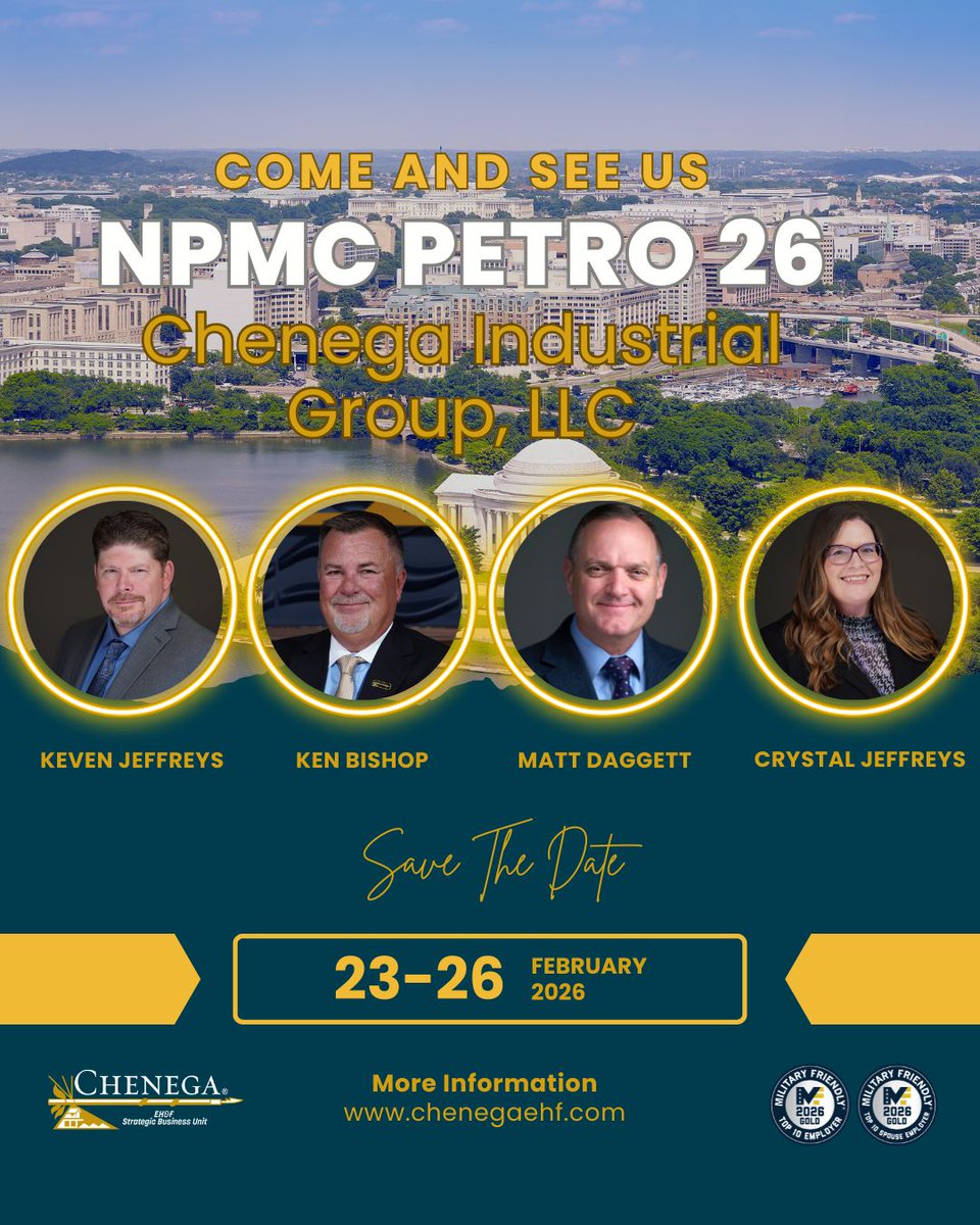 ChenegaCorpEHF's tweet image. We are excited to be a Silver Sponsor and attending the NPMC Petro 2026 Military and Industry Aviation Fueling Seminar &amp;amp; Trade Show. Make sure to come and chat with us about our capabilities.
#chenega #chenegafamily #npmcpetro26 #npmc #petro
