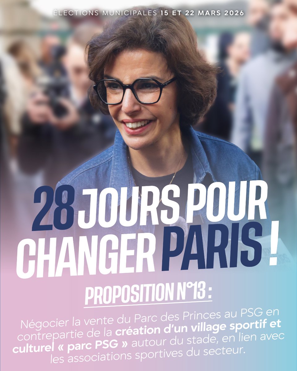 ⏳J-28 avant le 2nd tour !
Pour garder le PSG à Paris, un seul choix: Rachida Dati, pour créer un grand village sportif &amp; culturel autour du Parc des Princes ! 🔴🔵
Rejoignez la campagne pour #changerParis: rachidadati2026.com/participer/