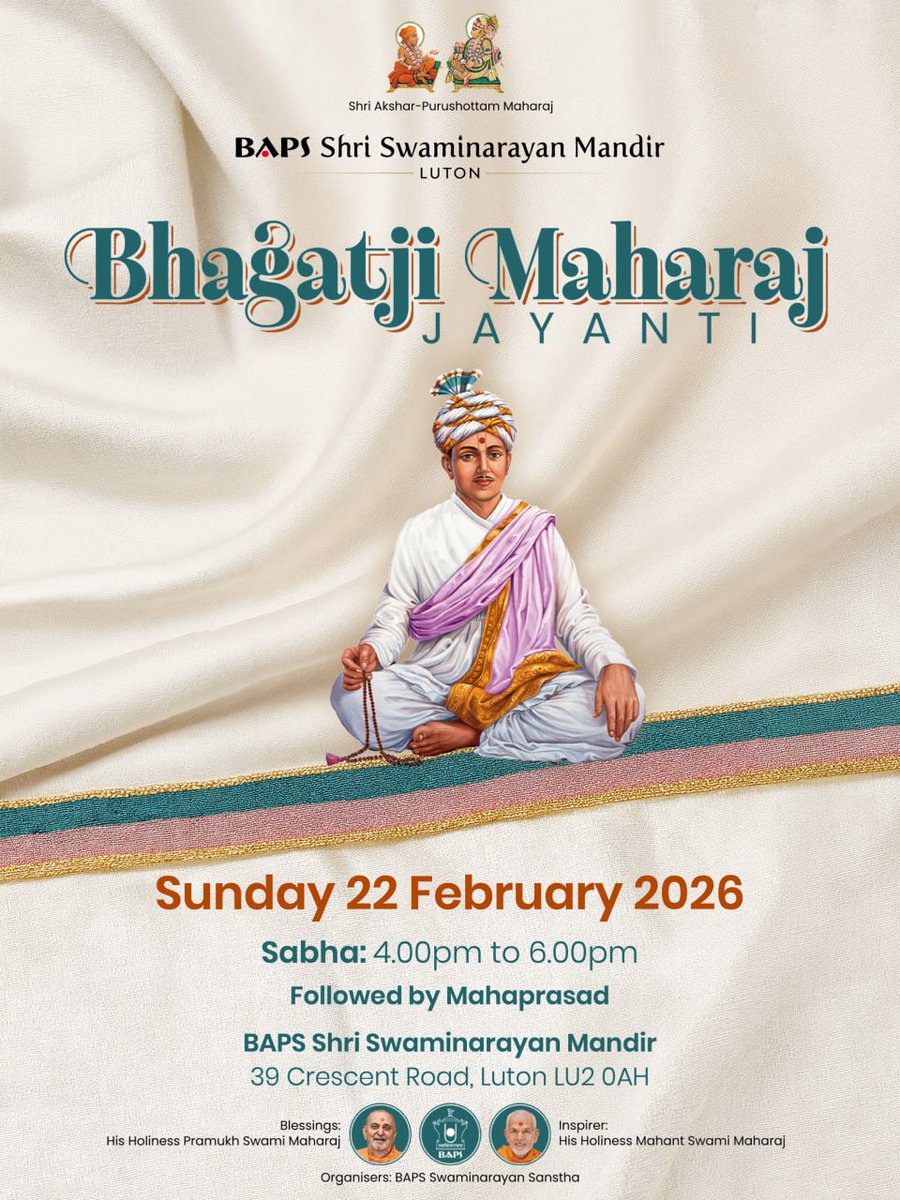 Join us at #BAPSLuton with your family and friends to celebrate the birth anniversary of Brahmaswarup Bhagatji Maharaj in the presence of swamis from <a href="/NeasdenTemple/">Neasden Temple</a>