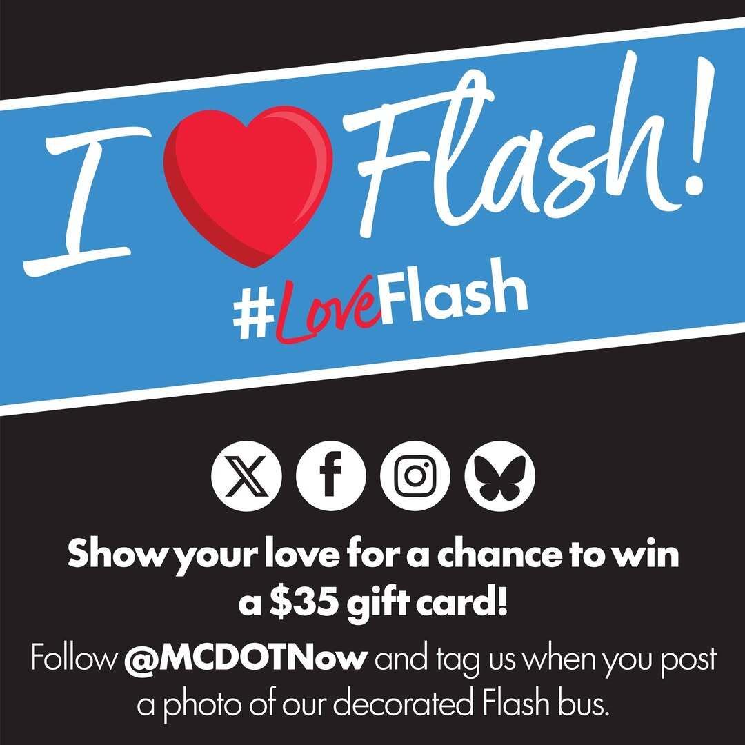 MoCoCouncilMD's tweet photo. ICYMI ➡️ Share the love for the Flash Buse! 😍🚌
If you see the Valentine's Flash Bus on the road, we invite you to take a 📸pic of the bus and post it for a chance to participate in the raffle for a $35 shopping card, just tag @MCDOTNow and use #LoveFlash. https://t.co/7bHP7tLdnG