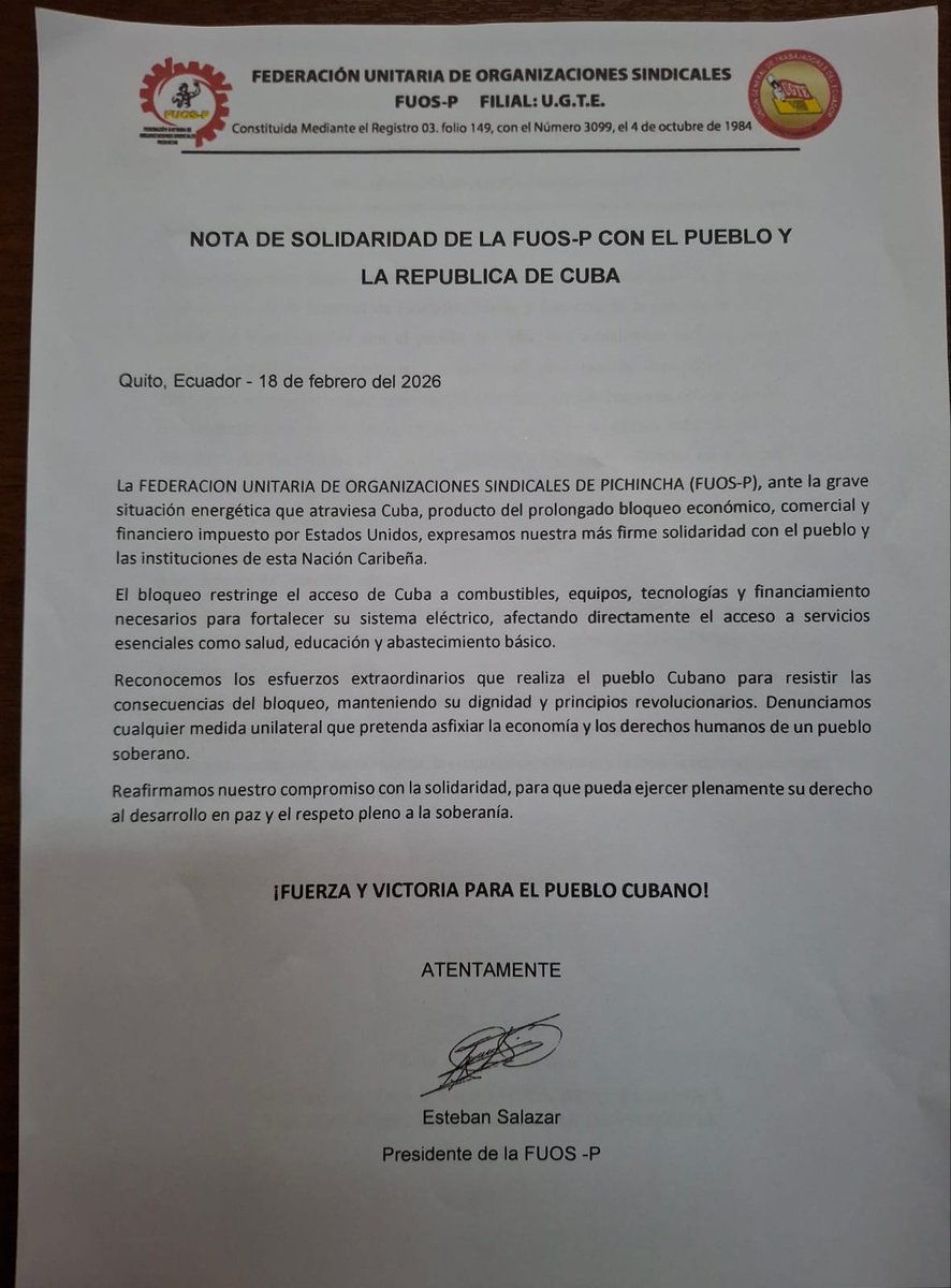 Embacuba_Ecu's tweet photo. Pronunciamiento de Solidaridad con Cuba https://t.co/uM5o1JhHsE https://t.co/XX5HXssemR