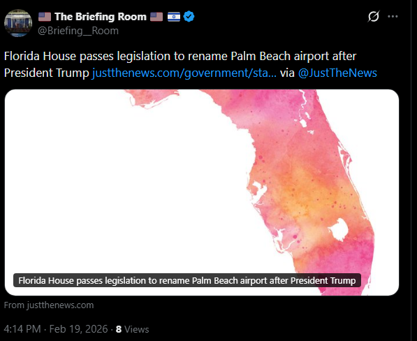ICYMI, because you probably did, Florida just voted to spend 5 million taxpayer dollars to rename Palm Beach Airport after Trump.  The kitchen table issues that matter and make life better for Floridians.

Also if you missed it, Trump immediately filed to trademark the name of