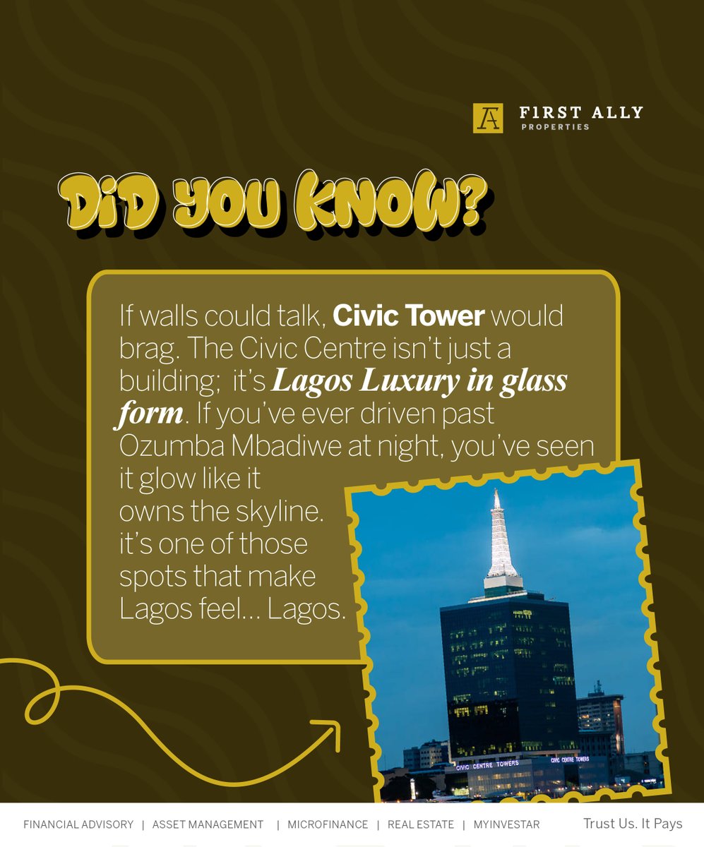 FA_Properties's tweet photo. Lagos has its fair share of stunning buildings, but the Civic Tower? That one owns the night.  A true symbol of modern Lagos, sleek, bold, and full of life.​

#FirstAllyproperties #ArchitectureSpotlight #CivicTowerLagos #LagosSkyline https://t.co/qaD4wOujPv