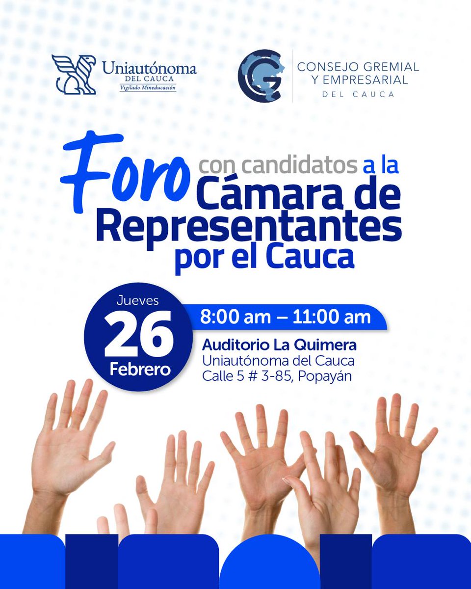 En un ejercicio abierto y plural, el <a href="/CGECauca/">Consejo Gremial y Empresarial del Cauca</a> en nombre del sector productivo del Cauca realizará el
🔵⚪Foro con candidatos a la Cámara de Representantes por el Cauca⚪🔵
📅 26 de febrero de 2026 | ⏰ 8:00–11:00 a. m.
📍 Auditorio La Quimera, Universidad Autónoma del Cauca