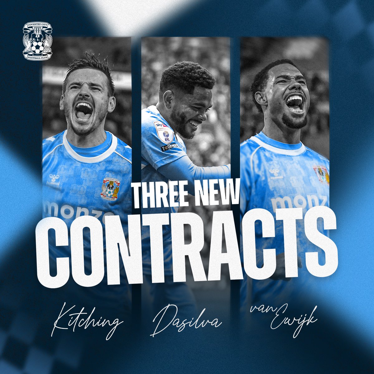 Coventry_City's tweet photo. We are delighted to announce that Liam Kitching, Jay Dasilva and Milan van Ewijk have signed new contracts with the Club. 🩵
