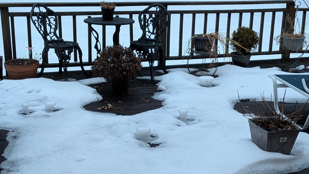 DrewForecast's tweet photo. SNOW MELT MYSTERY...why is the snow melting like this?

Somehow those spots got icier and therefore were more solid, but why?

These ice pillars on my deck remind me of the rock pillars hoodoos you see out in the American West.

Those rock pillars have the coolest name: hoodoos https://t.co/vfFAJ6WNNc