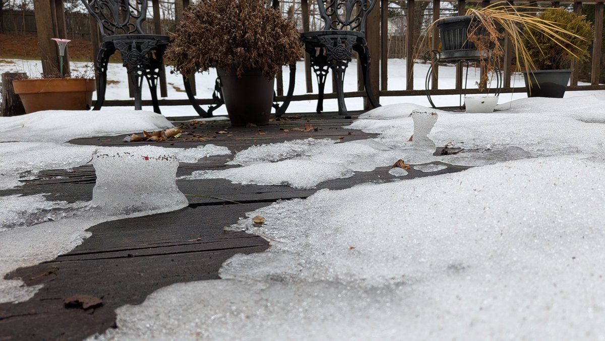 DrewForecast's tweet photo. SNOW MELT MYSTERY...why is the snow melting like this?

Somehow those spots got icier and therefore were more solid, but why?

These ice pillars on my deck remind me of the rock pillars hoodoos you see out in the American West.

Those rock pillars have the coolest name: hoodoos https://t.co/vfFAJ6WNNc