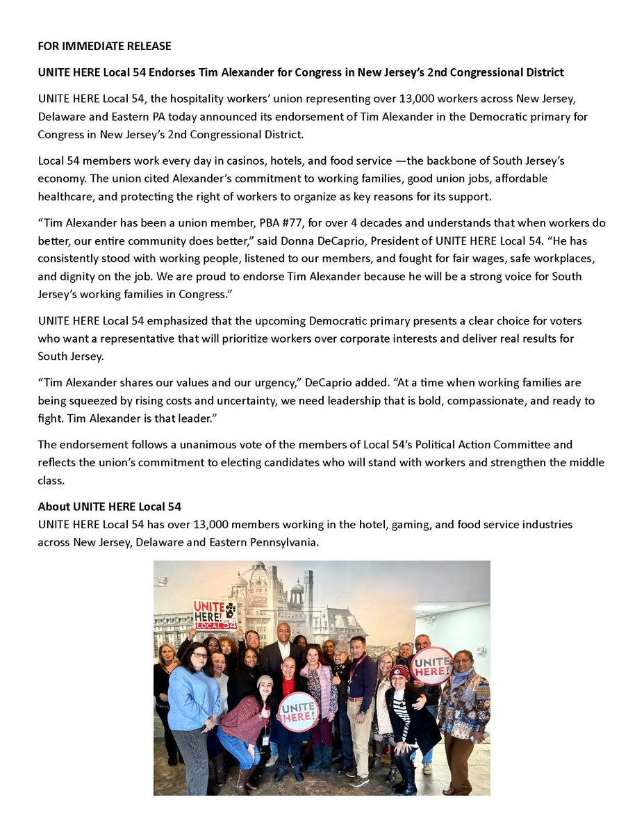 UNITE HERE Local 54 Endorses Tim Alexander for Congress in New Jersey’s 2nd Congressional District
insidernj.com/unite-here-loc…