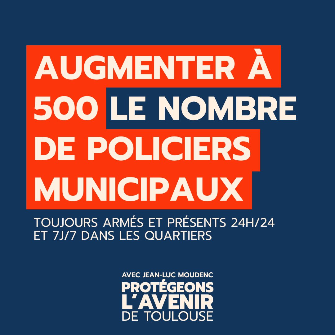 Pour_Toulouse's tweet photo. Pour Toulouse, la sécurité est notre priorité absolue !

Avec @jlmoudenc, nous nous engageons :
🔹 500 policiers municipaux (24h/24 &amp; armés)
🔹 Brigade contre les points de deal
🔹 Plan massif contre les violences sexistes (VSS) &amp; bouton SOS Tisséo

Protégeons l'avenir ! https://t.co/Seq5SPzYTJ