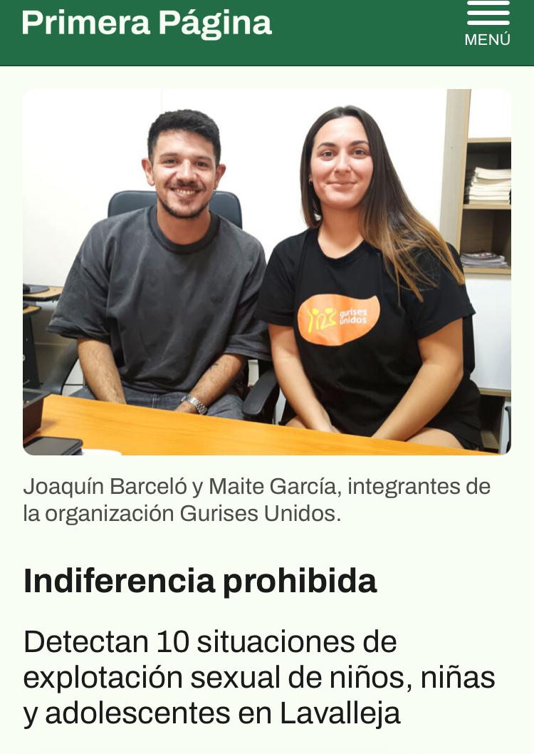 Compartimos la nota de <a href="/PrimeraPaginaUy/">Primera Página</a> con la entrevista realizada a Maite García y Joaquín Barceló, del equipo de Gurises Unidos, sobre el abordaje de situaciones de explotación sexual de niñas, niños y adolescentes junto a INAU. 

🔗primerapagina.com.uy/destacada/indi…

#DerechosDeLaNiñez