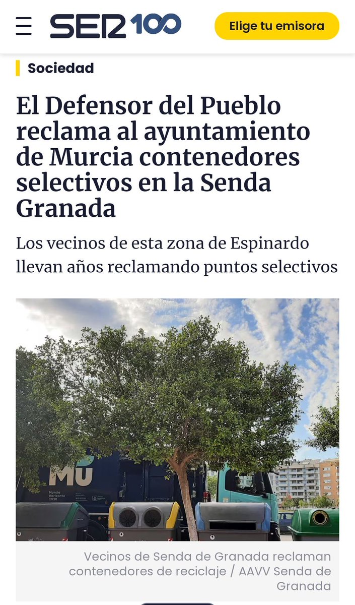 POR FIN! Tras una montonera de escritos ya tenemos instalados los contenedores de reciclaje ♻️ que faltaban en el vecindario de Senda de Granada Oeste #Murcia

El ayuntamiento se ha dignado a permitir que podamos reciclar. Ahora a por la acera y la seguridad vial 🚷⚠️🚦