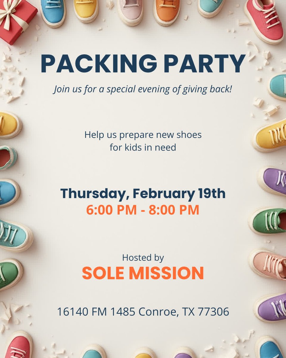 solemission's tweet photo. HERE WE GOOOO!!!! Packing Party Tonight!! Thursday 2/19 6pm-8pm, Get here, spend some time helping pack shoes, make some kids happy, make yourself happy. What could be better?? https://t.co/dG6VzGgDqR