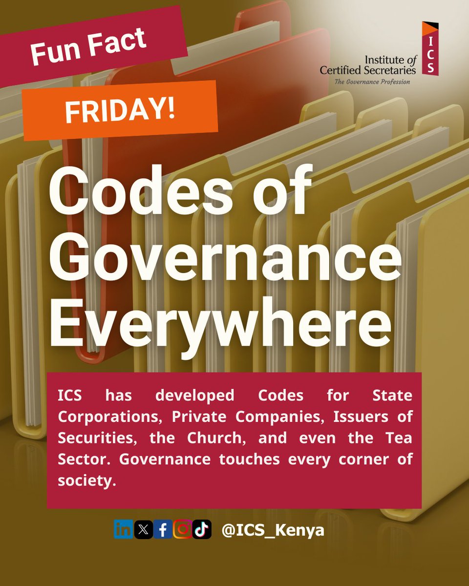ICS_Kenya's tweet image. We are at the heart of setting the standards that keep institutions accountable and thriving!

#ICS_Kenya #FunFactFriday #CodesofGovernance