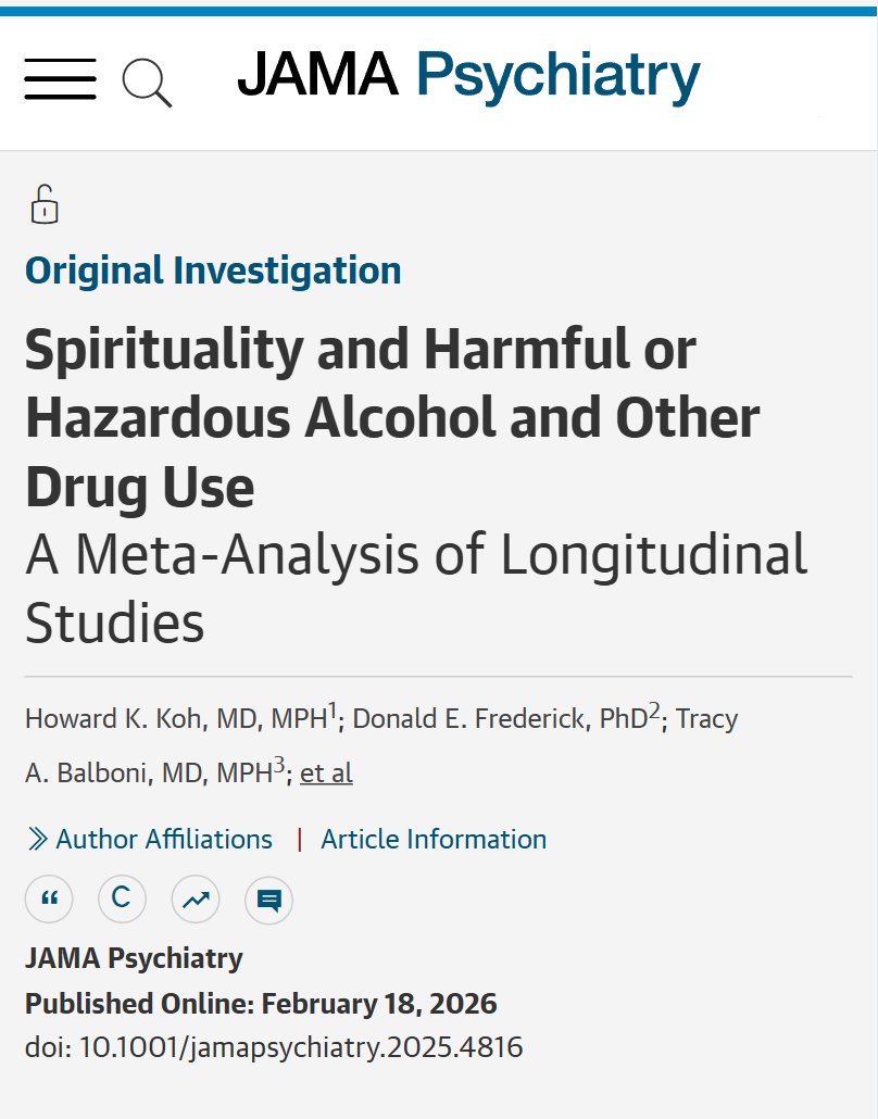 JAMAPsych's tweet photo. Spiritual exposures, including regular religious community attendance, are consistently associated with lower risk of harmful or hazardous alcohol and other drug use in longitudinal studies.

https://t.co/I8qhIBJrku

@HarvardChanSPH @DrHowardKoh https://t.co/pcGOBq1pAN