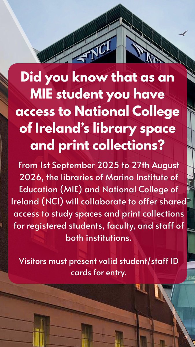 MIElibrary's tweet photo. Did you know that as an MIE student you have access to National College of Ireland’s library study spaces and print collections? 📚  

Read more about our Mutual Library Access Agreement with @NCILibrary 🤝 https://t.co/gvGjNJdWJi