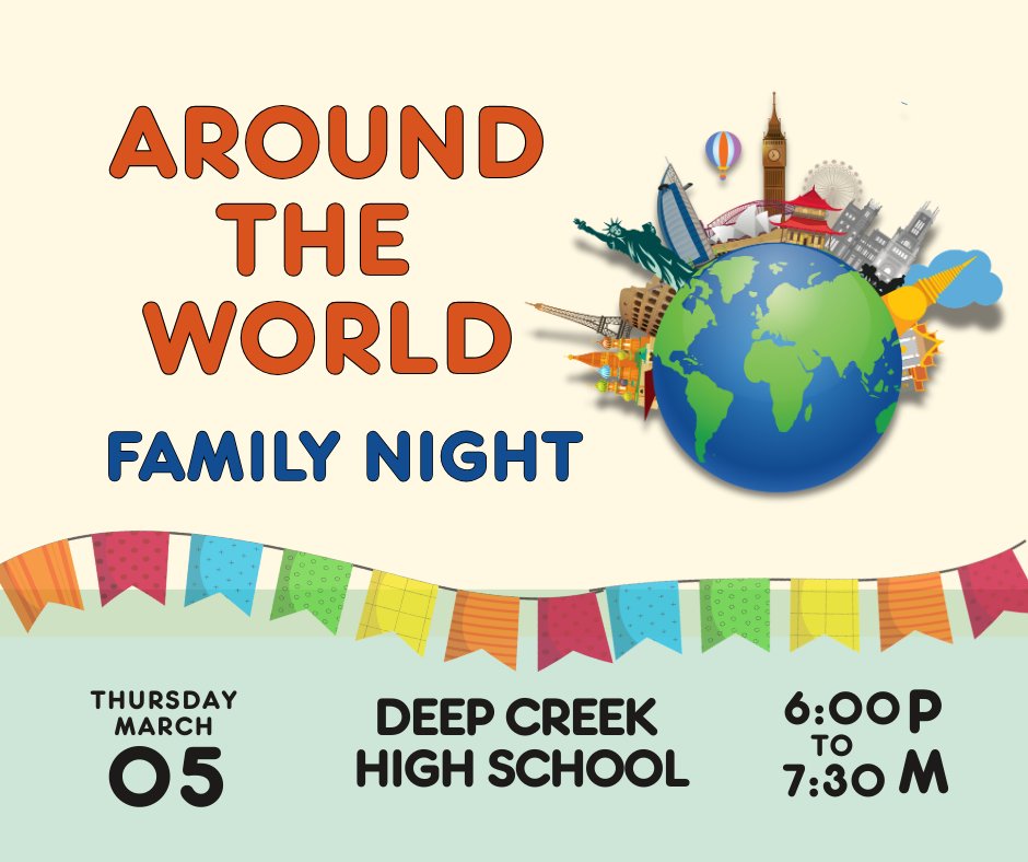 ButtsRoadInt's tweet photo. 🌍 Join us for Around the World Family Night! ✈️

Celebrate global cultures with live performances, activities, and FREE pizza/ice cream! 🍕🍦

📅 March 5, 2026 🕕 6:00–7:30 PM 📍 Deep Creek High School

Everyone is welcome! RSVP here: https://t.co/dCcCcIW1KF https://t.co/86bmNZeayT