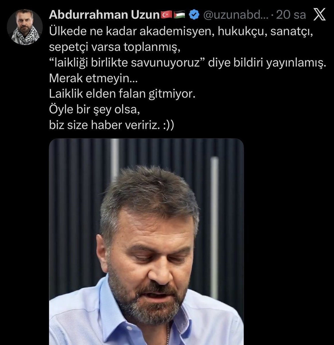 Ne yaparmış ne yaparmış?
Haber mi verirmiş?

abdıraman öyle bişey yapmaya senin çapın yetmez de konu o değil… <a href="/uzunabdurrahman/">Abdurrahman Uzun🇹🇷🇵🇸</a> 

Tartışmaya kapalı bir konuyu şu abdıraman gibilerin diline dolayıp tartışma zemini açtınız ya diyecek sözüm yok size “laikliğisavunuyoruz”cular…😡