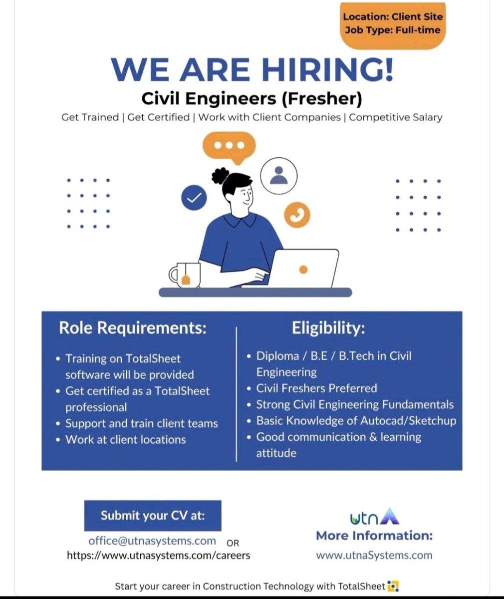 mzansi_employs's tweet photo. Hiring - Civil Engineers (Freshers)

Start your career in Construction Technology with UTNA Systems!

Send your CV: office@utnasystems.com
https://t.co/StKFVZPGP6

#MadlangaCommision #Sundowns #Sibiya #Tito #eWallet #Sibisi #Pirates https://t.co/KhyBGIgS1u