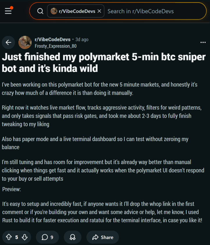 KyleDeWriter's tweet photo. Polymarket eliminated 500ms taker price delay.

Some claim that silent update revolutionized 5min-15min market rules.

Thus takers can trade at more current prices while makers lose a piece of cake.

at the same time:

Trading bots that exploited market inefficiencies by trading the difference in direct Chainlink Data and Polymarket charts are now out of business.

If so, retail literally takes over trading bots.