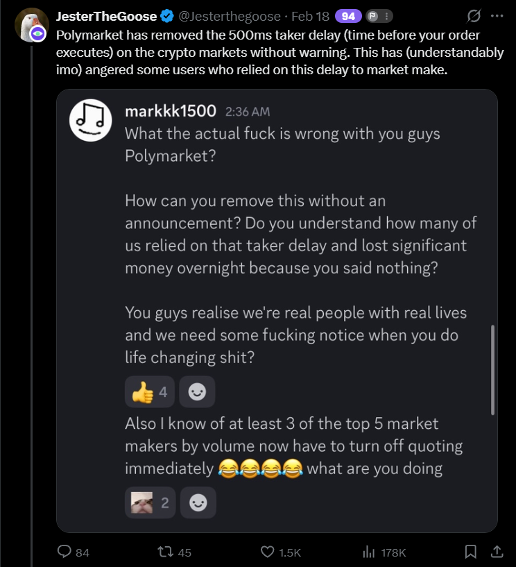 KyleDeWriter's tweet photo. Polymarket eliminated 500ms taker price delay.

Some claim that silent update revolutionized 5min-15min market rules.

Thus takers can trade at more current prices while makers lose a piece of cake.

at the same time:

Trading bots that exploited market inefficiencies by trading the difference in direct Chainlink Data and Polymarket charts are now out of business.

If so, retail literally takes over trading bots.