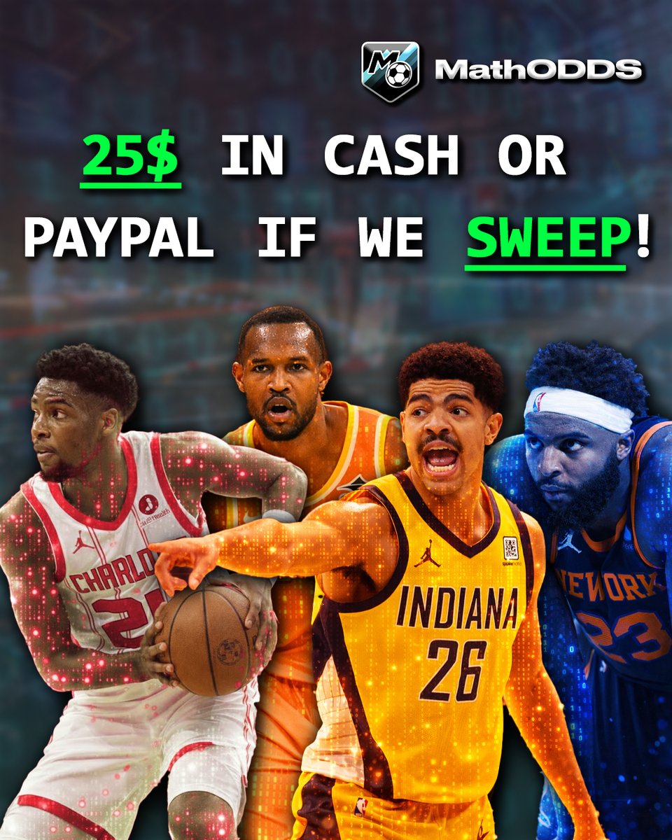 25$ to someone who likes and follows if we sweep the NBA with my bro <a href="/JustLuckyPicks/">Just Lucky🍀</a> 🍀

- Mitchell Robinson (New York Knicks) - OVER 11.5 PRAs
- Brandon Miller (CHA) - UNDER 3.5 Assists [LADDER]
- Ben Sheppard (IND) - OVER 6.5 points
- Evan Mobley (CLE) - OVER 6.5 Rebounds